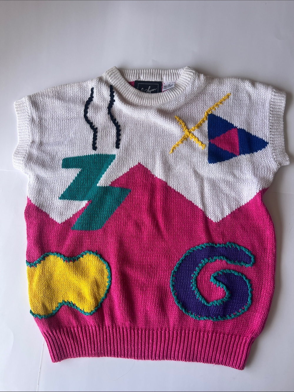 Vintage Colorblock Geometric Knit Sweater Vest - White, Pink, Teal, Yellow, Navy